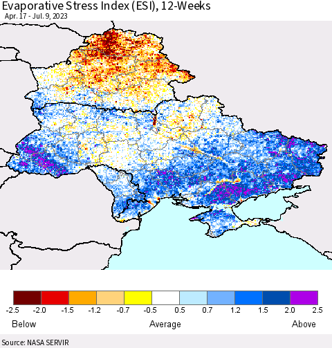 Ukraine, Moldova and Belarus Evaporative Stress Index (ESI), 12-Weeks Thematic Map For 7/3/2023 - 7/9/2023
