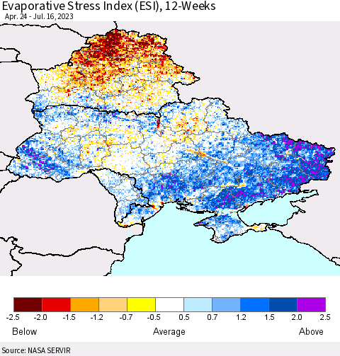 Ukraine, Moldova and Belarus Evaporative Stress Index (ESI), 12-Weeks Thematic Map For 7/10/2023 - 7/16/2023