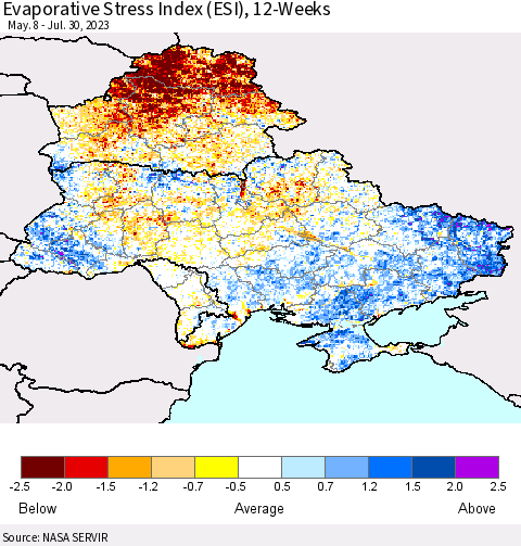 Ukraine, Moldova and Belarus Evaporative Stress Index (ESI), 12-Weeks Thematic Map For 7/24/2023 - 7/30/2023