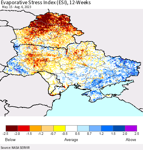 Ukraine, Moldova and Belarus Evaporative Stress Index (ESI), 12-Weeks Thematic Map For 7/31/2023 - 8/6/2023