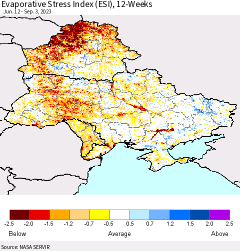 Ukraine, Moldova and Belarus Evaporative Stress Index (ESI), 12-Weeks Thematic Map For 8/28/2023 - 9/3/2023