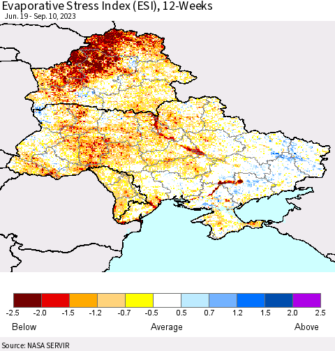 Ukraine, Moldova and Belarus Evaporative Stress Index (ESI), 12-Weeks Thematic Map For 9/4/2023 - 9/10/2023