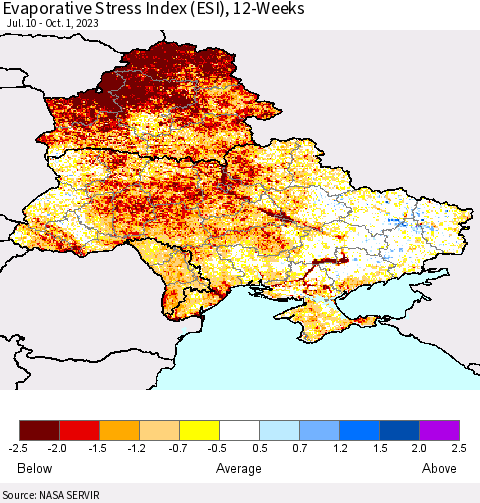 Ukraine, Moldova and Belarus Evaporative Stress Index (ESI), 12-Weeks Thematic Map For 9/25/2023 - 10/1/2023
