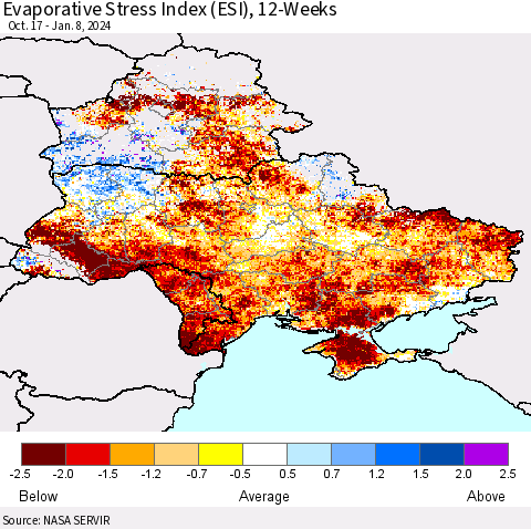 Ukraine, Moldova and Belarus Evaporative Stress Index (ESI), 12-Weeks Thematic Map For 1/8/2024 - 1/14/2024