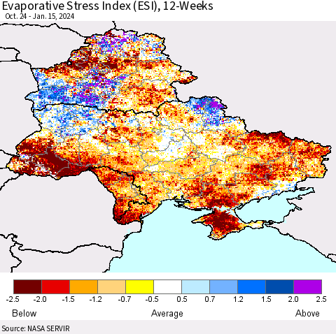 Ukraine, Moldova and Belarus Evaporative Stress Index (ESI), 12-Weeks Thematic Map For 1/15/2024 - 1/21/2024
