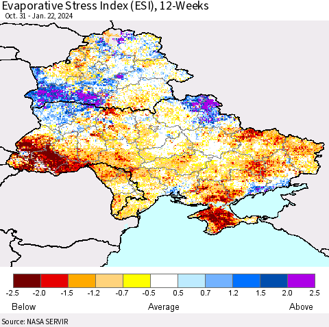 Ukraine, Moldova and Belarus Evaporative Stress Index (ESI), 12-Weeks Thematic Map For 1/22/2024 - 1/28/2024