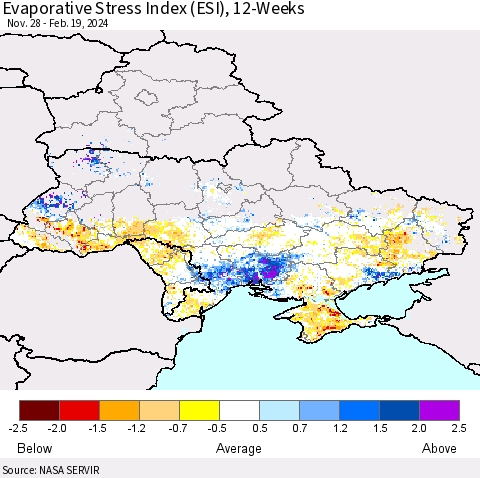 Ukraine, Moldova and Belarus Evaporative Stress Index (ESI), 12-Weeks Thematic Map For 2/19/2024 - 2/25/2024