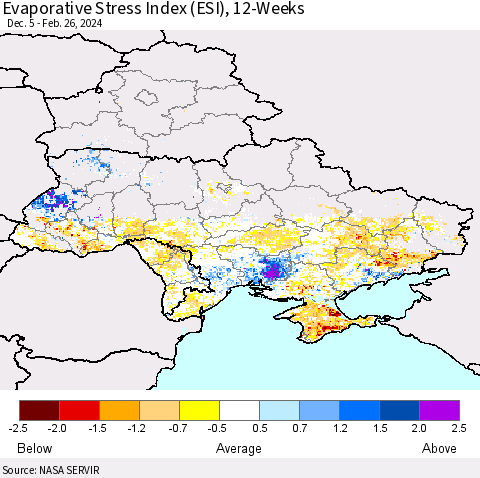 Ukraine, Moldova and Belarus Evaporative Stress Index (ESI), 12-Weeks Thematic Map For 2/26/2024 - 3/3/2024