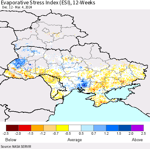 Ukraine, Moldova and Belarus Evaporative Stress Index (ESI), 12-Weeks Thematic Map For 3/4/2024 - 3/10/2024