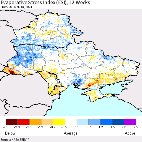 Ukraine, Moldova and Belarus Evaporative Stress Index (ESI), 12-Weeks Thematic Map For 3/18/2024 - 3/24/2024