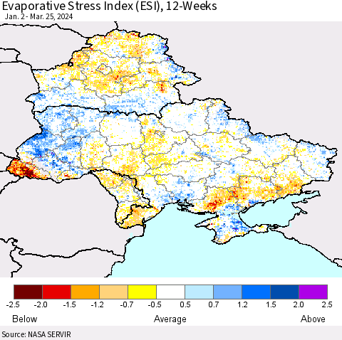 Ukraine, Moldova and Belarus Evaporative Stress Index (ESI), 12-Weeks Thematic Map For 3/25/2024 - 3/31/2024