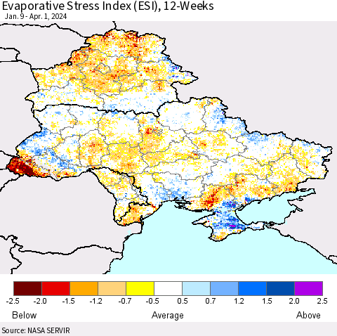 Ukraine, Moldova and Belarus Evaporative Stress Index (ESI), 12-Weeks Thematic Map For 4/1/2024 - 4/7/2024