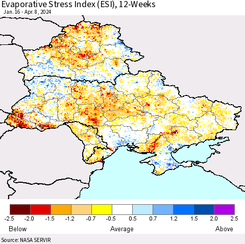 Ukraine, Moldova and Belarus Evaporative Stress Index (ESI), 12-Weeks Thematic Map For 4/8/2024 - 4/14/2024