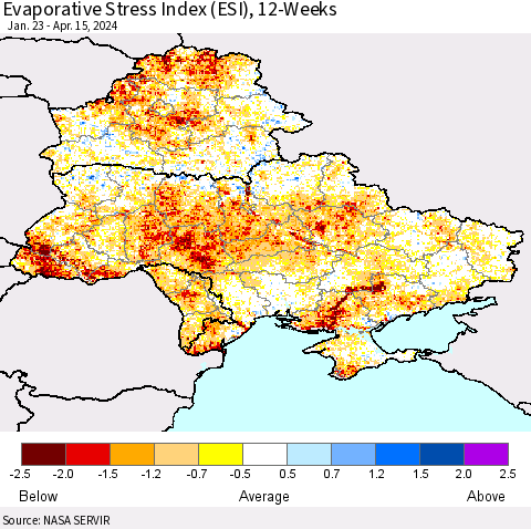 Ukraine, Moldova and Belarus Evaporative Stress Index (ESI), 12-Weeks Thematic Map For 4/15/2024 - 4/21/2024