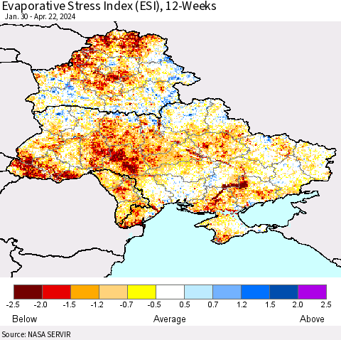 Ukraine, Moldova and Belarus Evaporative Stress Index (ESI), 12-Weeks Thematic Map For 4/22/2024 - 4/28/2024