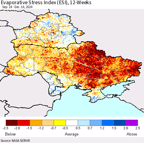 Ukraine, Moldova and Belarus Evaporative Stress Index (ESI), 12-Weeks Thematic Map For 12/16/2024 - 12/22/2024