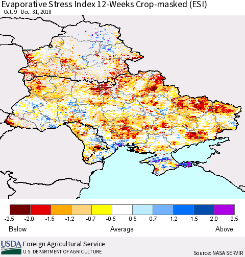 Ukraine, Moldova and Belarus Evaporative Stress Index (ESI), 12-Weeks over Croplands Thematic Map For 12/31/2018 - 1/6/2019