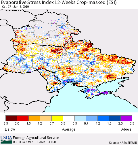 Ukraine, Moldova and Belarus Evaporative Stress Index (ESI), 12-Weeks over Croplands Thematic Map For 1/7/2019 - 1/13/2019