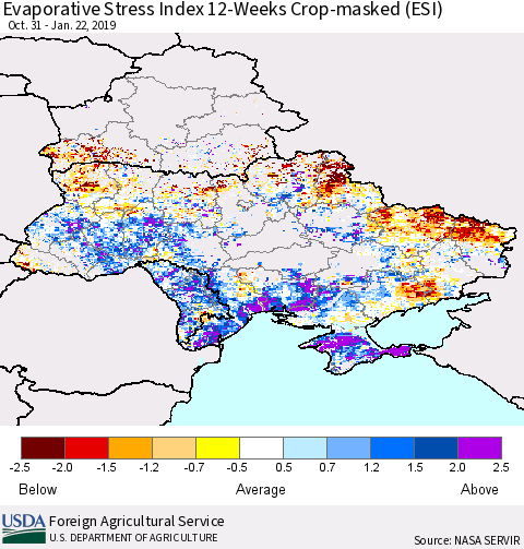 Ukraine, Moldova and Belarus Evaporative Stress Index (ESI), 12-Weeks over Croplands Thematic Map For 1/21/2019 - 1/27/2019