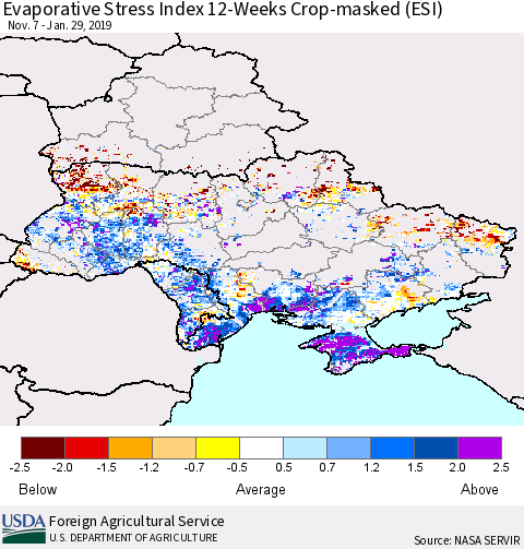 Ukraine, Moldova and Belarus Evaporative Stress Index (ESI), 12-Weeks over Croplands Thematic Map For 1/28/2019 - 2/3/2019
