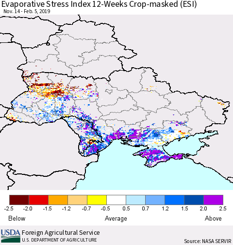 Ukraine, Moldova and Belarus Evaporative Stress Index (ESI), 12-Weeks over Croplands Thematic Map For 2/4/2019 - 2/10/2019