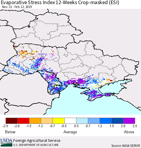 Ukraine, Moldova and Belarus Evaporative Stress Index (ESI), 12-Weeks over Croplands Thematic Map For 2/11/2019 - 2/17/2019