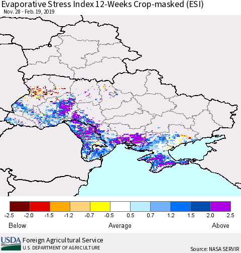 Ukraine, Moldova and Belarus Evaporative Stress Index (ESI), 12-Weeks over Croplands Thematic Map For 2/18/2019 - 2/24/2019