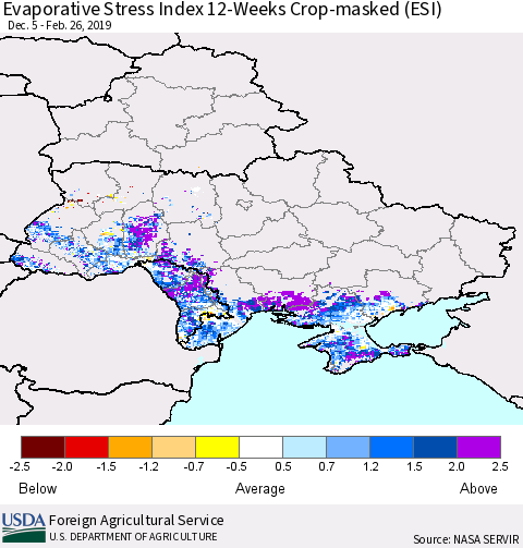 Ukraine, Moldova and Belarus Evaporative Stress Index (ESI), 12-Weeks over Croplands Thematic Map For 2/25/2019 - 3/3/2019