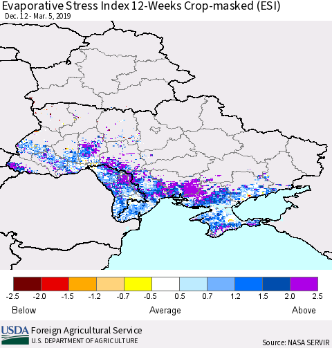 Ukraine, Moldova and Belarus Evaporative Stress Index (ESI), 12-Weeks over Croplands Thematic Map For 3/4/2019 - 3/10/2019