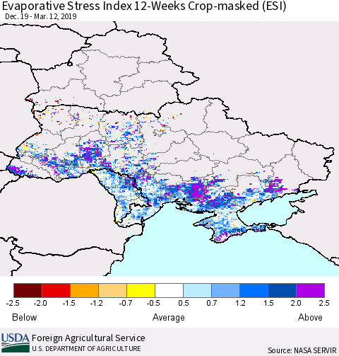 Ukraine, Moldova and Belarus Evaporative Stress Index (ESI), 12-Weeks over Croplands Thematic Map For 3/11/2019 - 3/17/2019