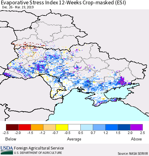 Ukraine, Moldova and Belarus Evaporative Stress Index (ESI), 12-Weeks over Croplands Thematic Map For 3/18/2019 - 3/24/2019