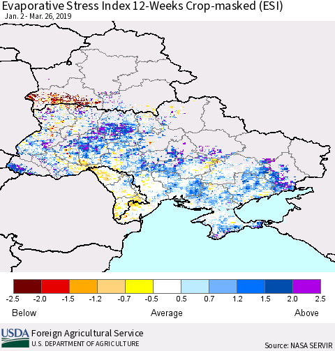 Ukraine, Moldova and Belarus Evaporative Stress Index (ESI), 12-Weeks over Croplands Thematic Map For 3/25/2019 - 3/31/2019