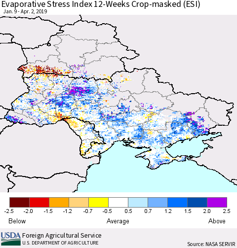 Ukraine, Moldova and Belarus Evaporative Stress Index (ESI), 12-Weeks over Croplands Thematic Map For 4/1/2019 - 4/7/2019