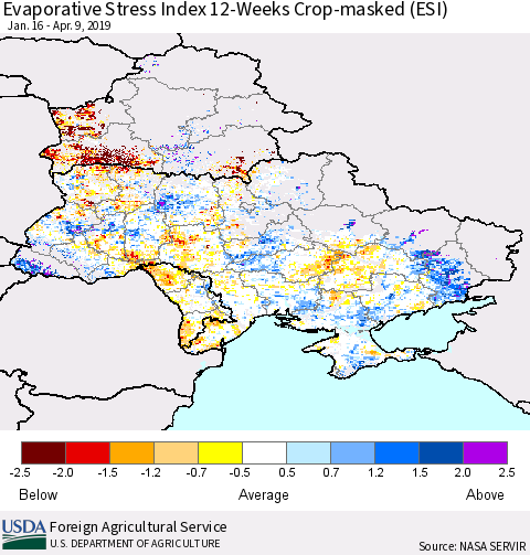 Ukraine, Moldova and Belarus Evaporative Stress Index (ESI), 12-Weeks over Croplands Thematic Map For 4/8/2019 - 4/14/2019