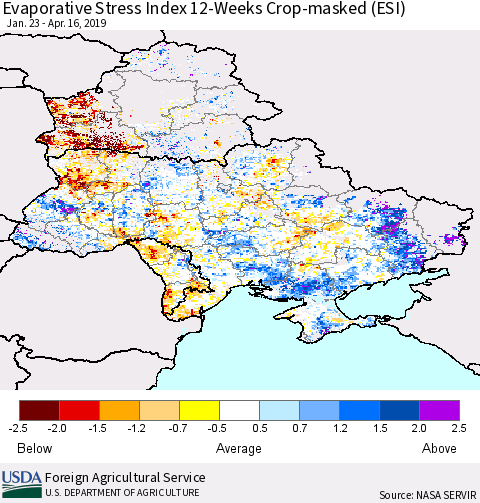 Ukraine, Moldova and Belarus Evaporative Stress Index (ESI), 12-Weeks over Croplands Thematic Map For 4/15/2019 - 4/21/2019