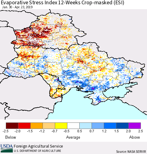 Ukraine, Moldova and Belarus Evaporative Stress Index (ESI), 12-Weeks over Croplands Thematic Map For 4/22/2019 - 4/28/2019