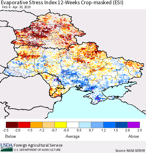 Ukraine, Moldova and Belarus Evaporative Stress Index (ESI), 12-Weeks over Croplands Thematic Map For 4/29/2019 - 5/5/2019