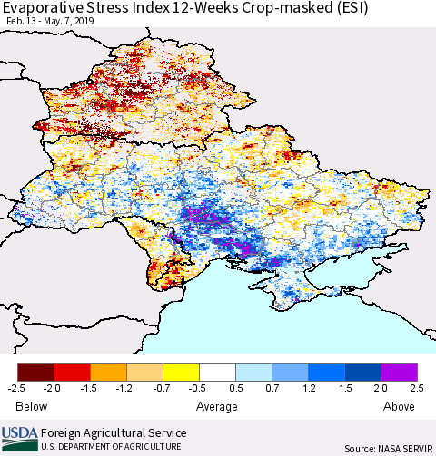 Ukraine, Moldova and Belarus Evaporative Stress Index (ESI), 12-Weeks over Croplands Thematic Map For 5/6/2019 - 5/12/2019