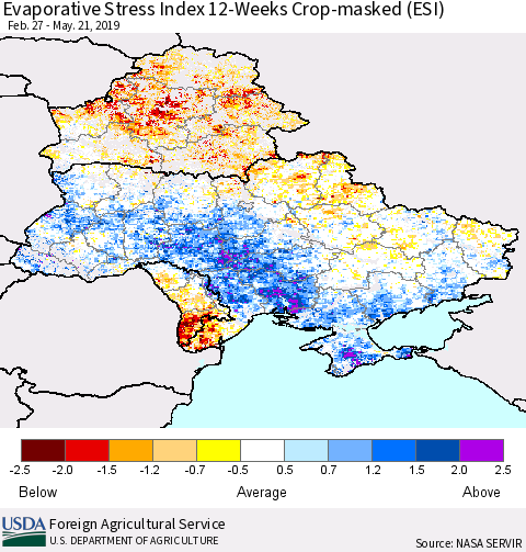 Ukraine, Moldova and Belarus Evaporative Stress Index (ESI), 12-Weeks over Croplands Thematic Map For 5/20/2019 - 5/26/2019