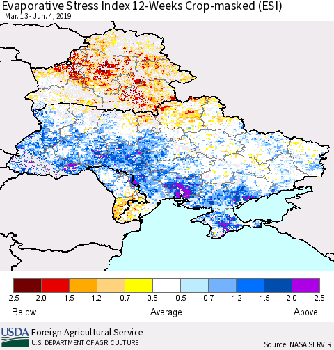 Ukraine, Moldova and Belarus Evaporative Stress Index (ESI), 12-Weeks over Croplands Thematic Map For 6/3/2019 - 6/9/2019