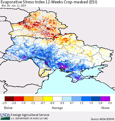 Ukraine, Moldova and Belarus Evaporative Stress Index (ESI), 12-Weeks over Croplands Thematic Map For 6/10/2019 - 6/16/2019