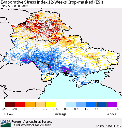 Ukraine, Moldova and Belarus Evaporative Stress Index (ESI), 12-Weeks over Croplands Thematic Map For 6/17/2019 - 6/23/2019