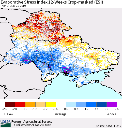 Ukraine, Moldova and Belarus Evaporative Stress Index (ESI), 12-Weeks over Croplands Thematic Map For 6/24/2019 - 6/30/2019