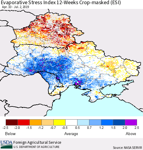 Ukraine, Moldova and Belarus Evaporative Stress Index (ESI), 12-Weeks over Croplands Thematic Map For 7/1/2019 - 7/7/2019