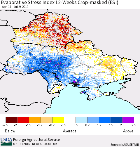 Ukraine, Moldova and Belarus Evaporative Stress Index (ESI), 12-Weeks over Croplands Thematic Map For 7/8/2019 - 7/14/2019