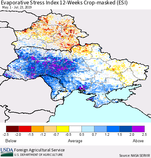 Ukraine, Moldova and Belarus Evaporative Stress Index (ESI), 12-Weeks over Croplands Thematic Map For 7/22/2019 - 7/28/2019