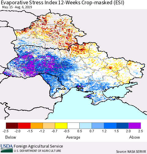 Ukraine, Moldova and Belarus Evaporative Stress Index (ESI), 12-Weeks over Croplands Thematic Map For 8/5/2019 - 8/11/2019