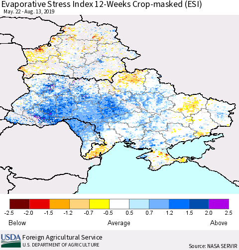 Ukraine, Moldova and Belarus Evaporative Stress Index (ESI), 12-Weeks over Croplands Thematic Map For 8/12/2019 - 8/18/2019