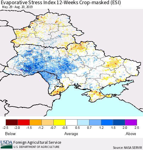 Ukraine, Moldova and Belarus Evaporative Stress Index (ESI), 12-Weeks over Croplands Thematic Map For 8/19/2019 - 8/25/2019