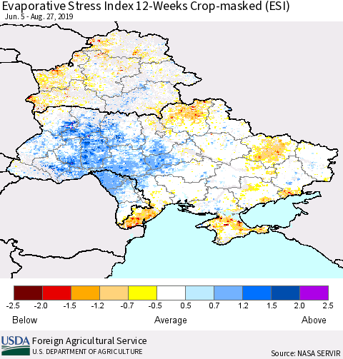 Ukraine, Moldova and Belarus Evaporative Stress Index (ESI), 12-Weeks over Croplands Thematic Map For 8/26/2019 - 9/1/2019
